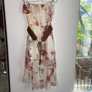 Strapless floral, a-line midi dress with belt size M